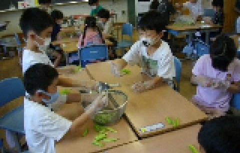 むいた豆を集めているところ